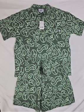 HUF Olive & Mint Abstract Two-Piece Shirt and Shorts Set New S Top XS Bottom